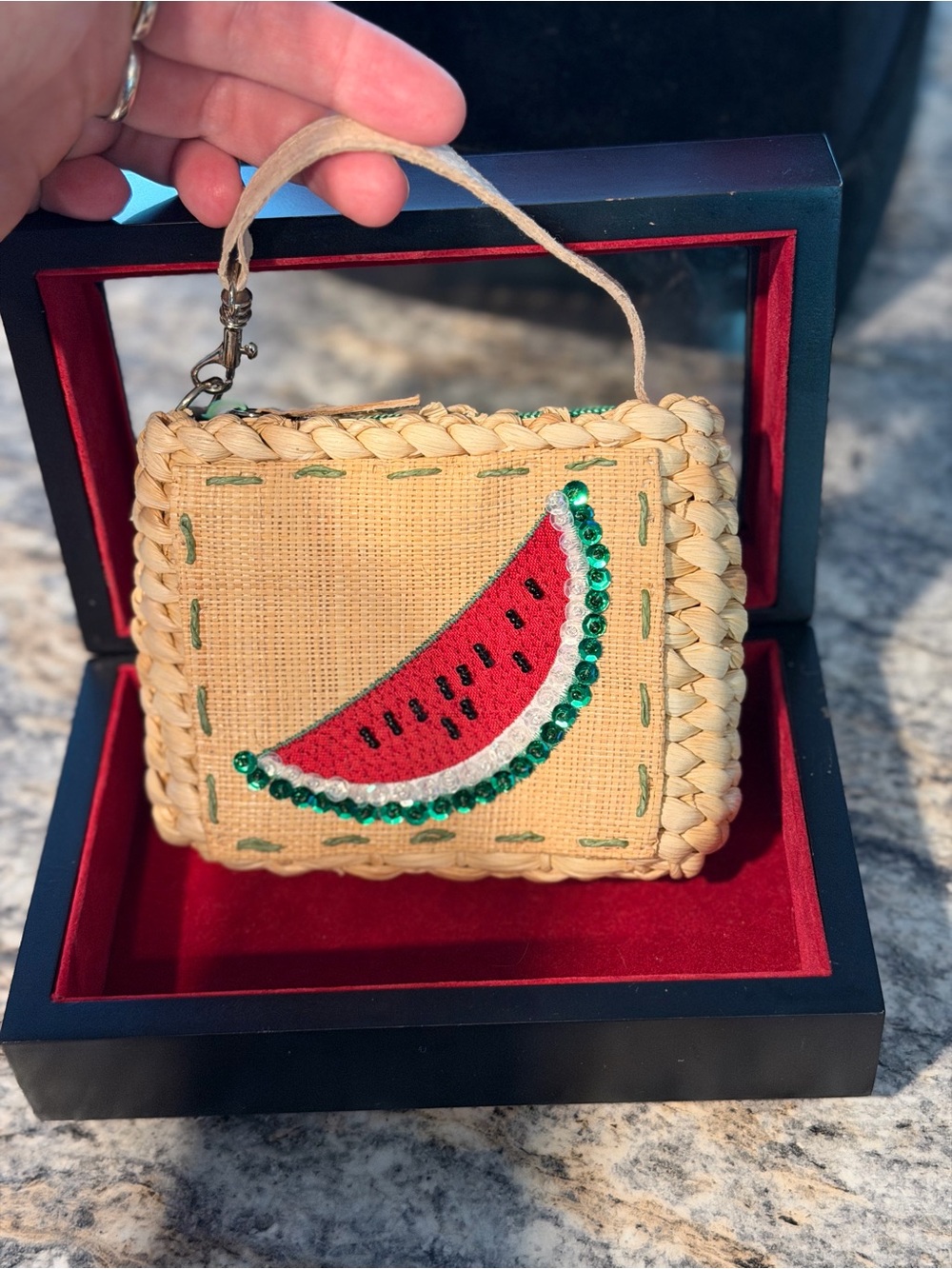 Straw Wristlet with beaded and sequin Watermelon Embroidery - Natural